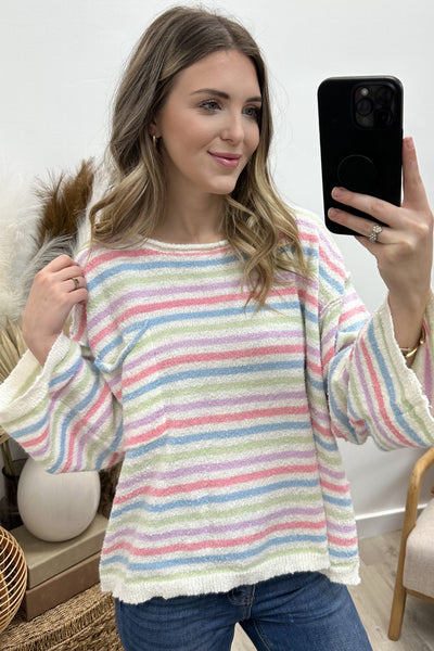 "Case Of Stripes" Sweater (Ivory/ Sage/ Multi) - Happily Ever Aften