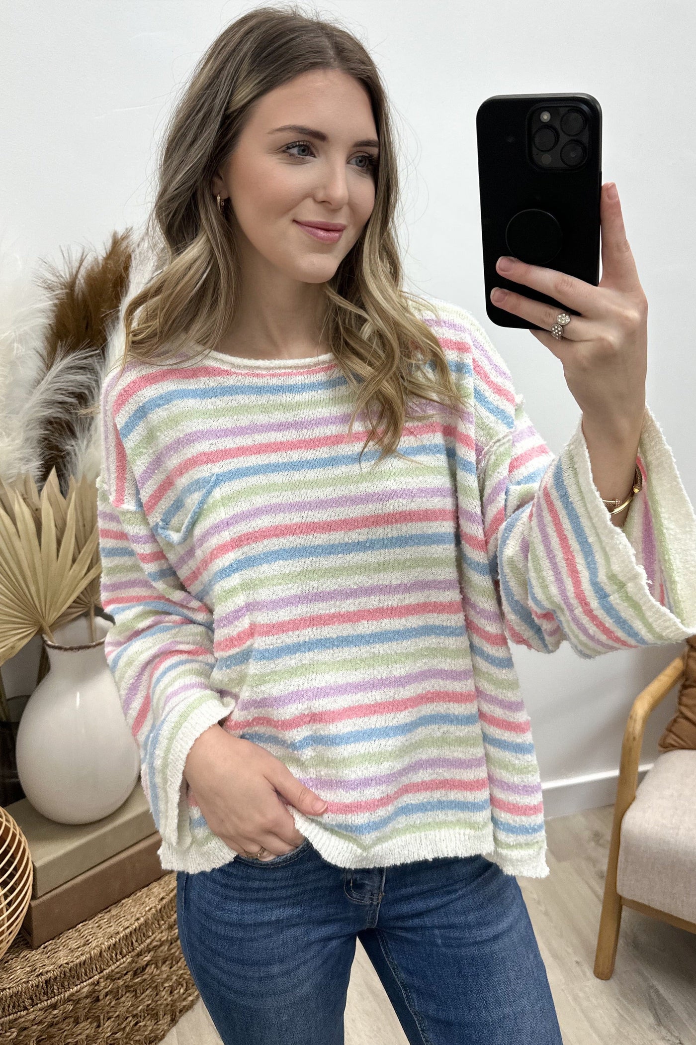 "Case Of Stripes" Sweater (Ivory/ Sage/ Multi) - Happily Ever Aften