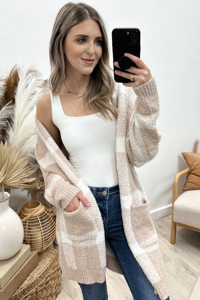 "Cozy In Plaid" Cardigan (Taupe/white) - Happily Ever Aften