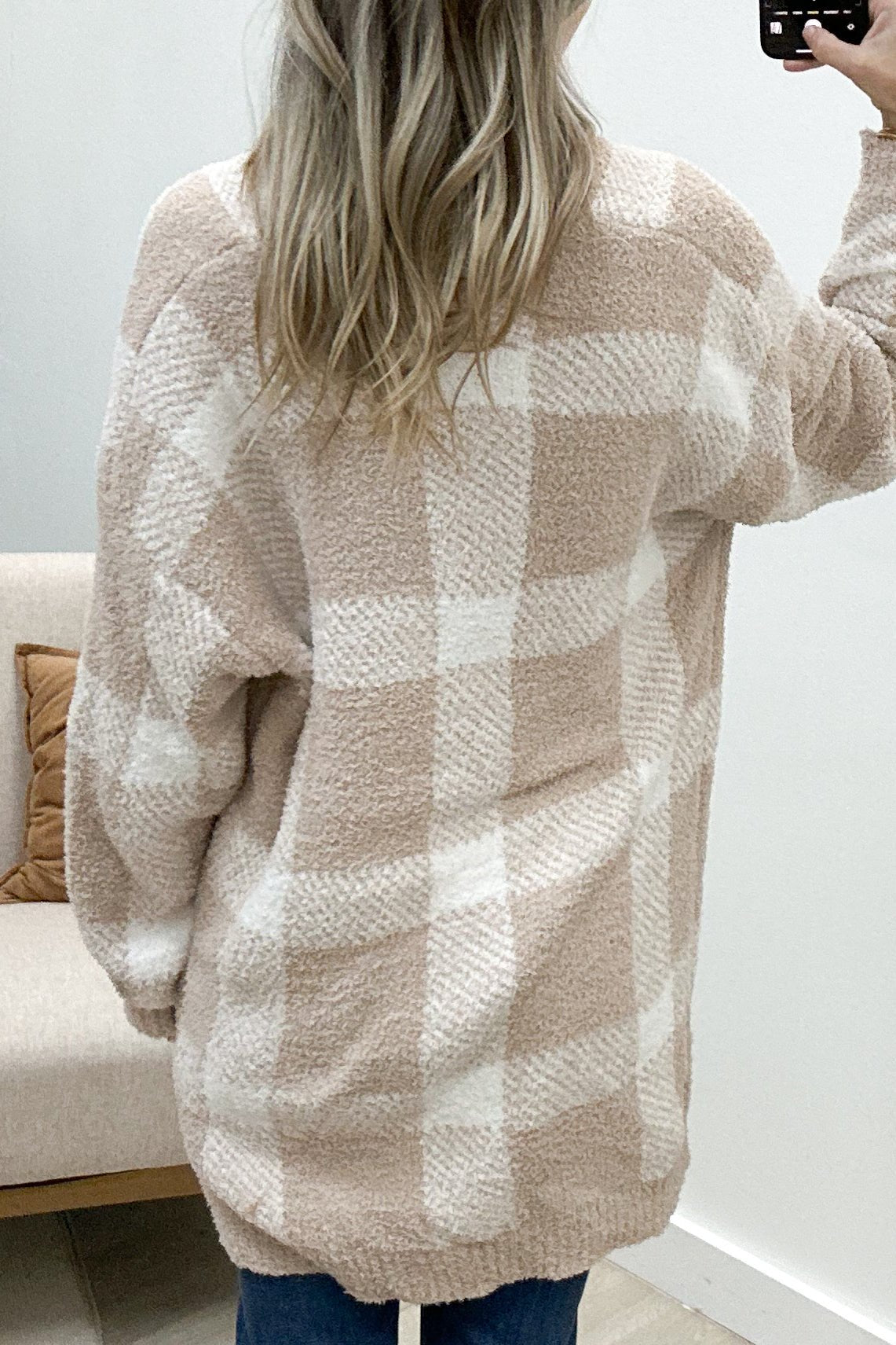 "Cozy In Plaid" Cardigan (Taupe/white) - Happily Ever Aften