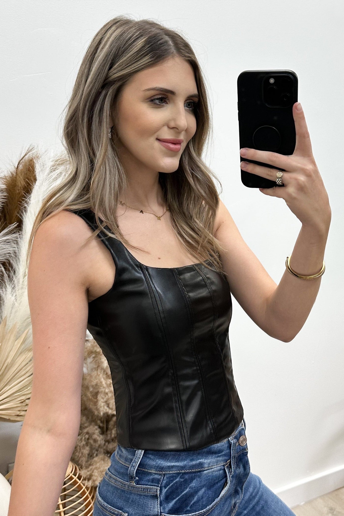 "Drops Of Confidence" Pleather Top (Black) - Happily Ever Aften