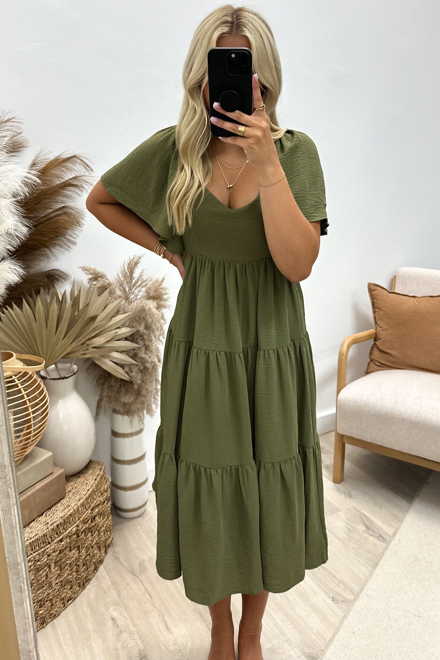 "Enchanting You" Midi Dress (Olive) - Happily Ever Aften