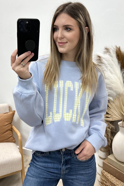 "Feeling Lucky" Sweatshirt (Light Blue) - Happily Ever Aften