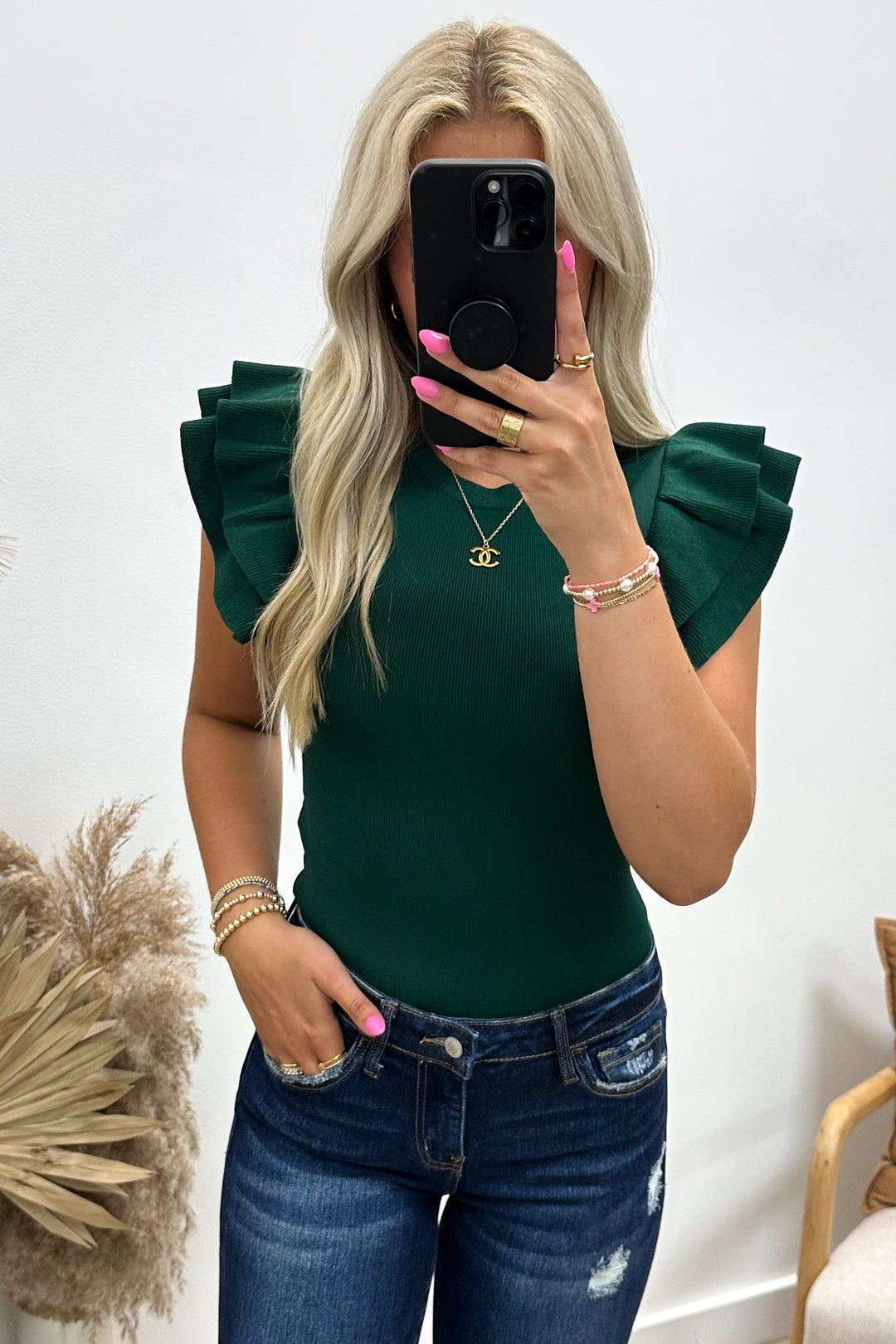"Feeling Ruffled" Bodysuit (Hunter Green) - Happily Ever Aften