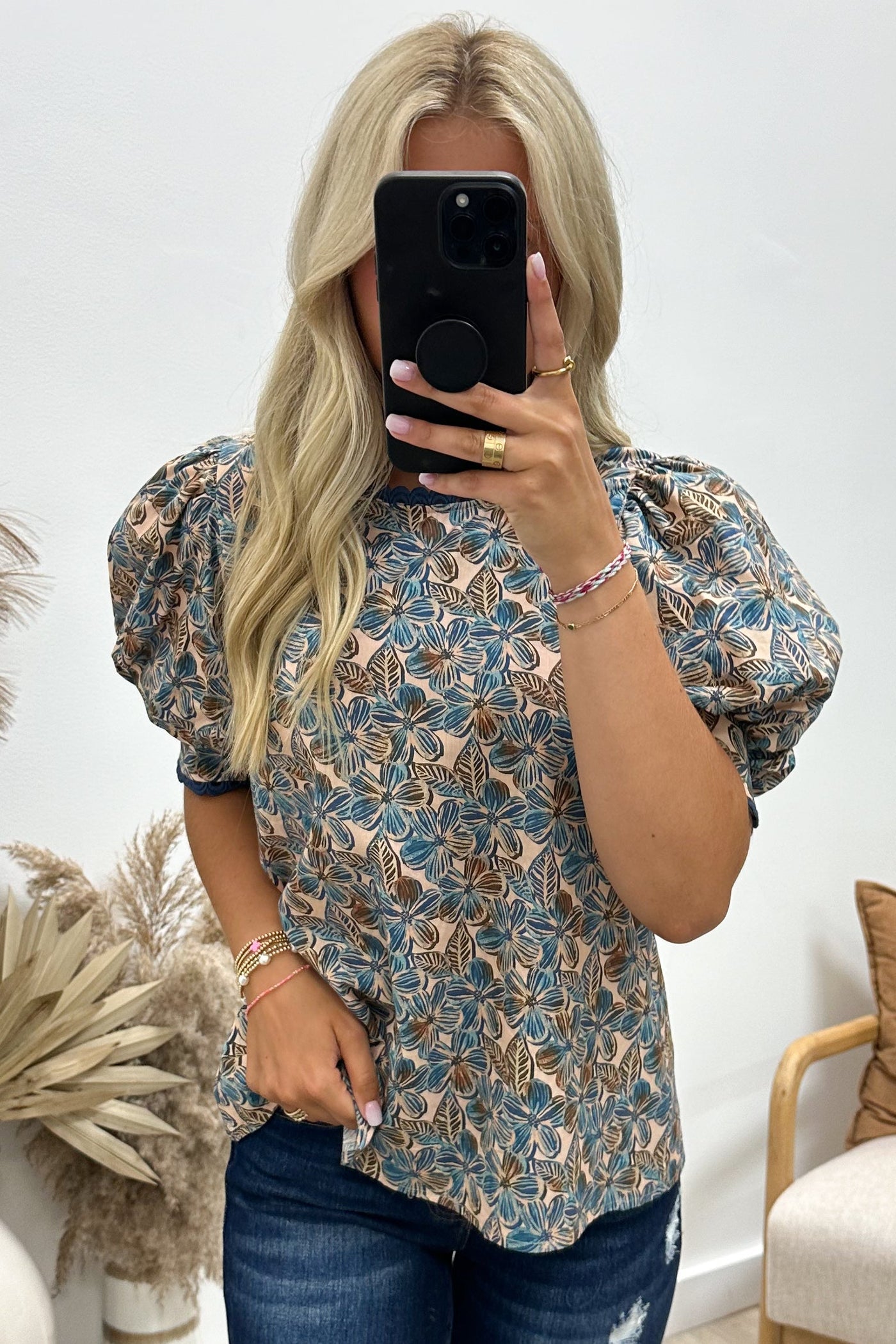 "Floral Fantasies" Blouse (Teal Blue) - Happily Ever Aften