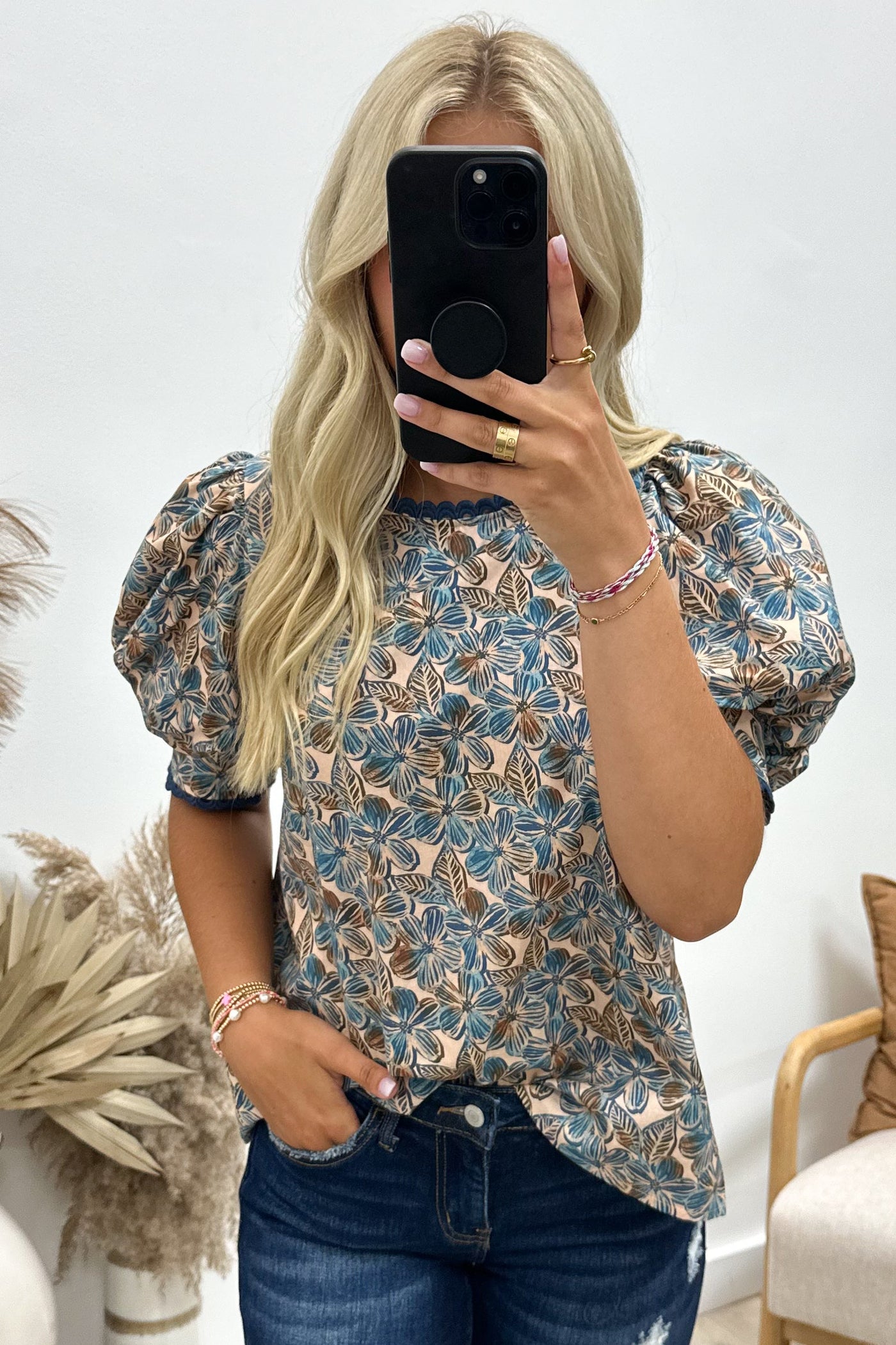 "Floral Fantasies" Blouse (Teal Blue) - Happily Ever Aften