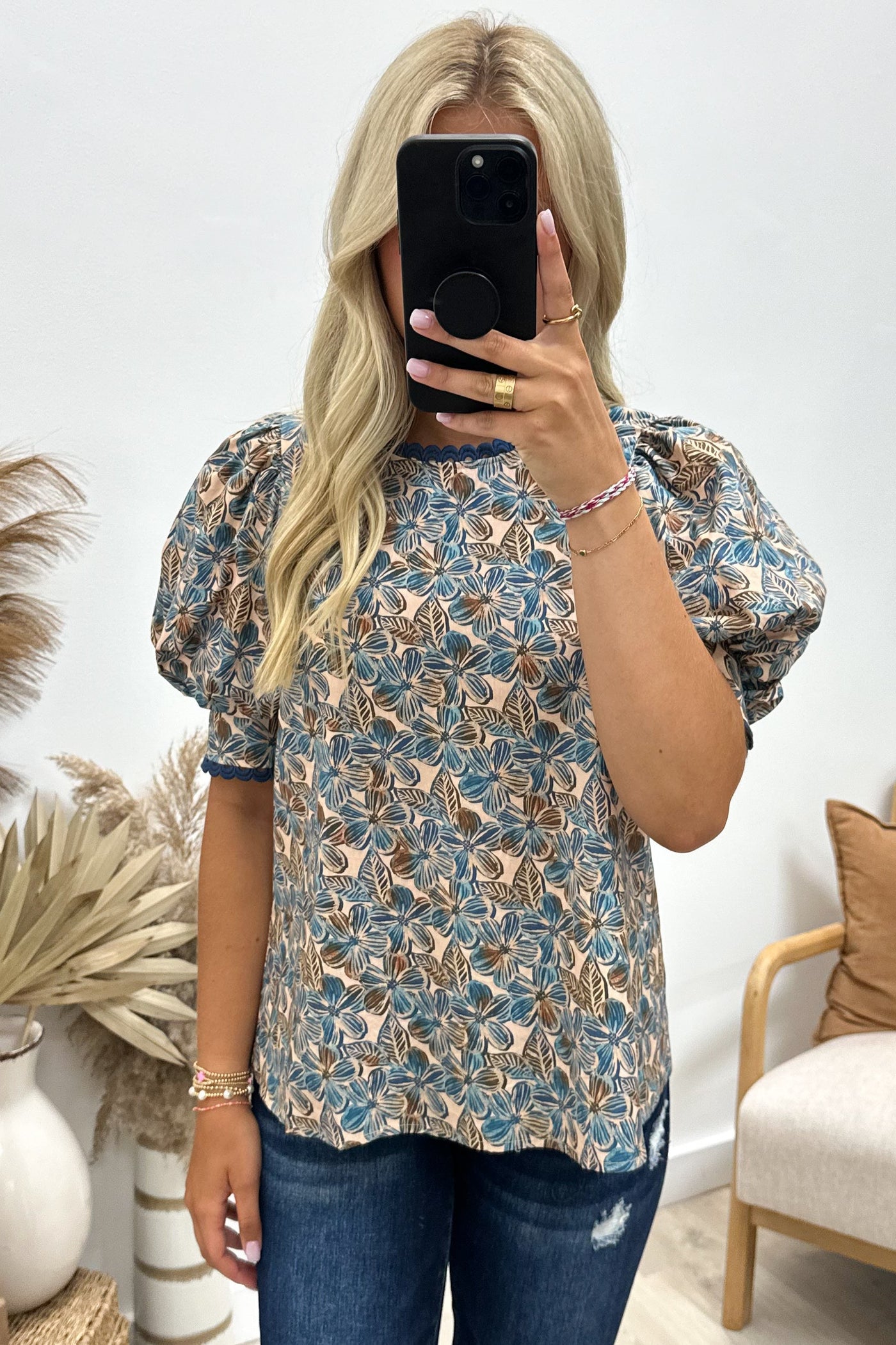 "Floral Fantasies" Blouse (Teal Blue) - Happily Ever Aften