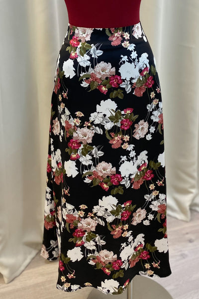 "Florals In Silk" Midi Skirt (Black) - Happily Ever Aften