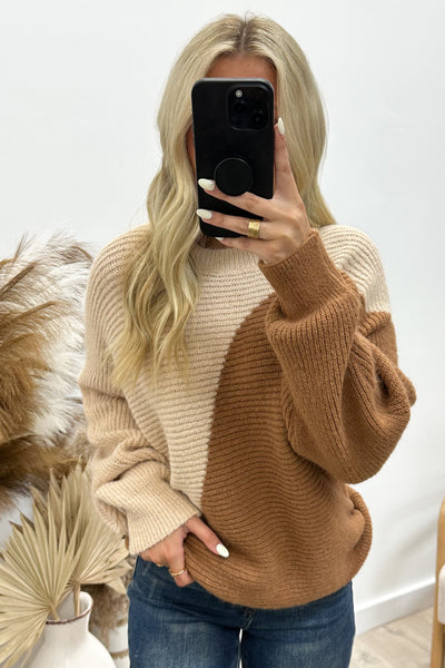 "Half & Half" Sweater (Oatmeal/Camel) - Happily Ever Aften