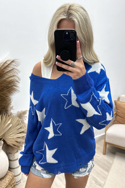 "Head In The Stars" Sweater (Bright Blue) - Happily Ever Aften