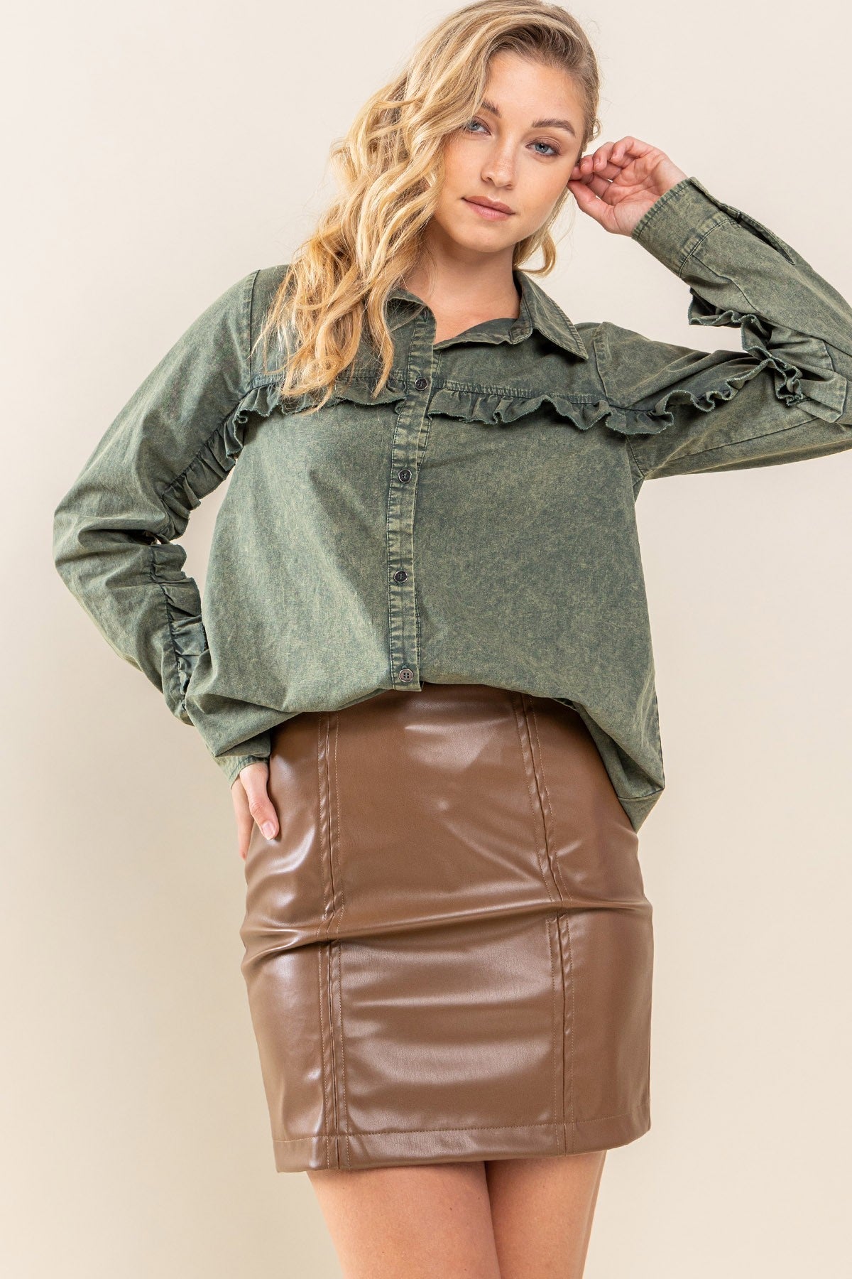 "Hello Major" Pleather Skirt (Caramel) - Happily Ever Aften