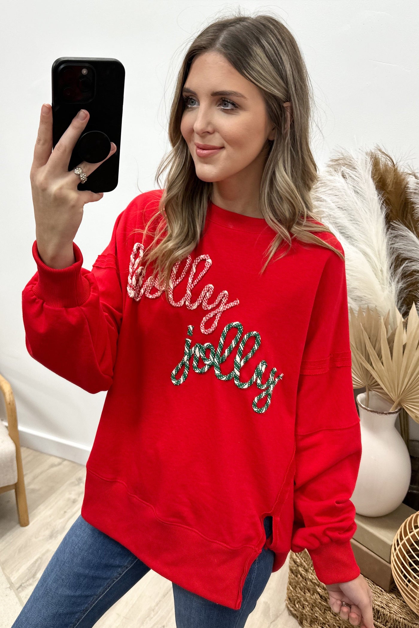 "Holly Jolly" Sweatshirt (Red) - Happily Ever Aften