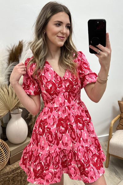 "Honey Bee Florals" Dress (Red/Pink) - Happily Ever Aften