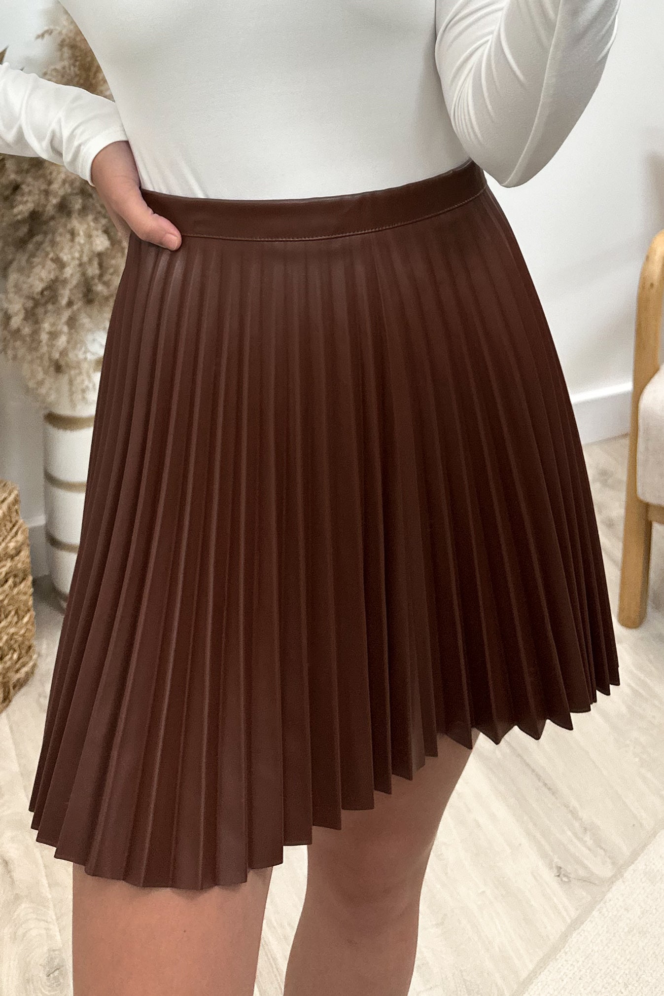 "Meet Over Coffee" Leather Skirt (Chocolate) - Happily Ever Aften