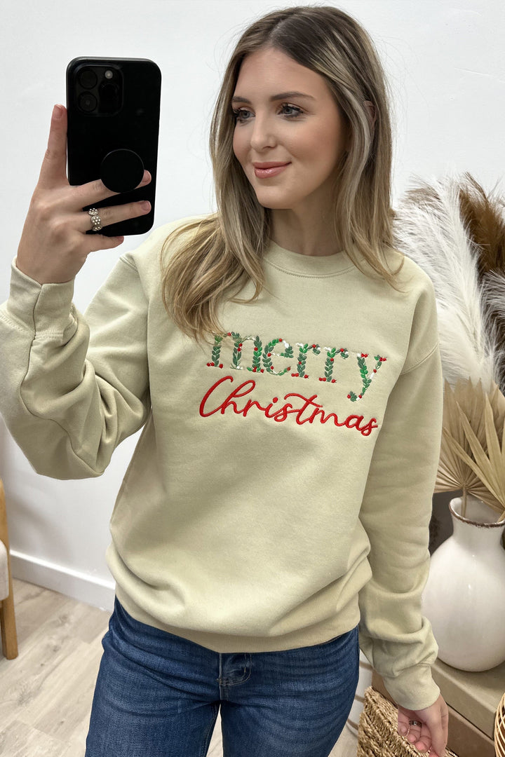 "Merry Christmas" Sweatshirt (Sand) - Happily Ever Aften