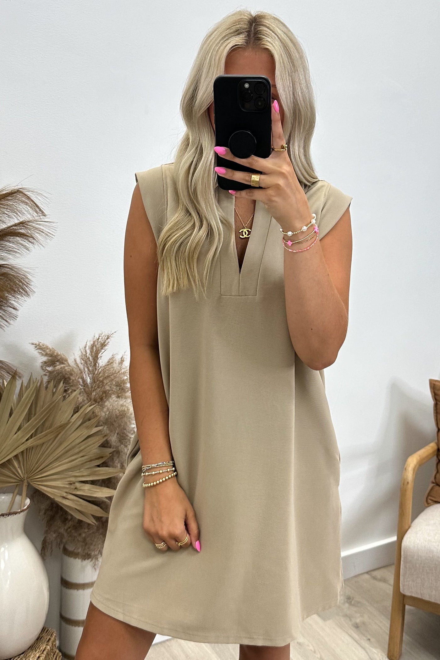 "Metropolitan Mood" Dress (Taupe) - Happily Ever Aften