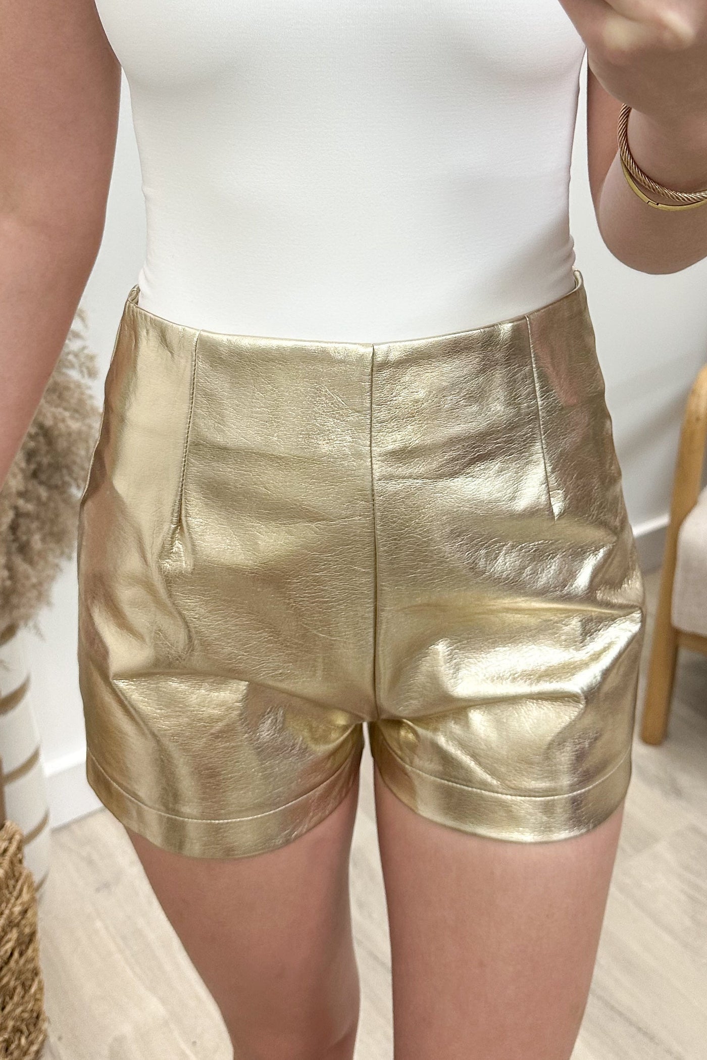 "Never Too Late" Faux Leather Shorts (Gold) - Happily Ever Aften