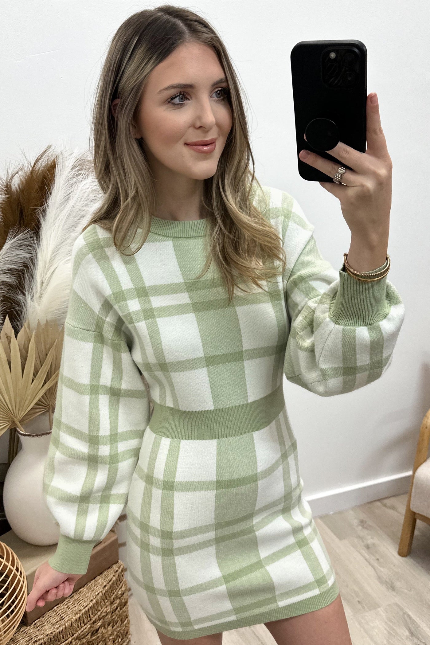 "Not So Clueless" Sweater Dress (Sage/White) - Happily Ever Aften