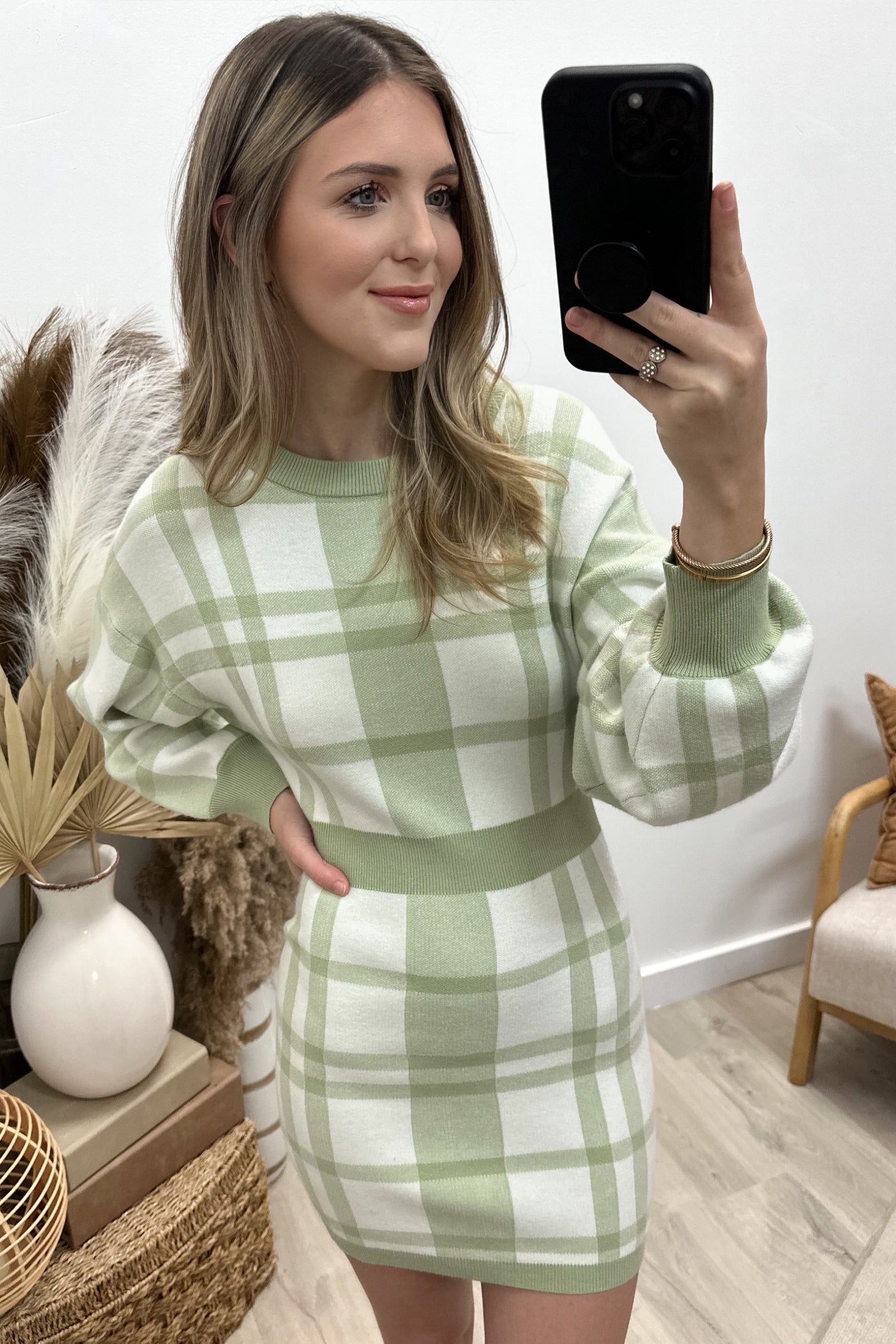 "Not So Clueless" Sweater Dress (Sage/White) - Happily Ever Aften