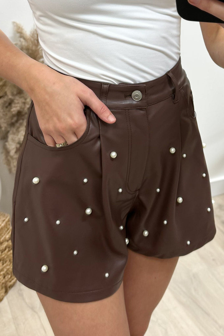 "Pearly Eyed" Pleather Shorts (Chocolate) - Happily Ever Aften