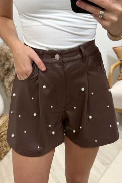 "Pearly Eyed" Pleather Shorts (Chocolate) - Happily Ever Aften