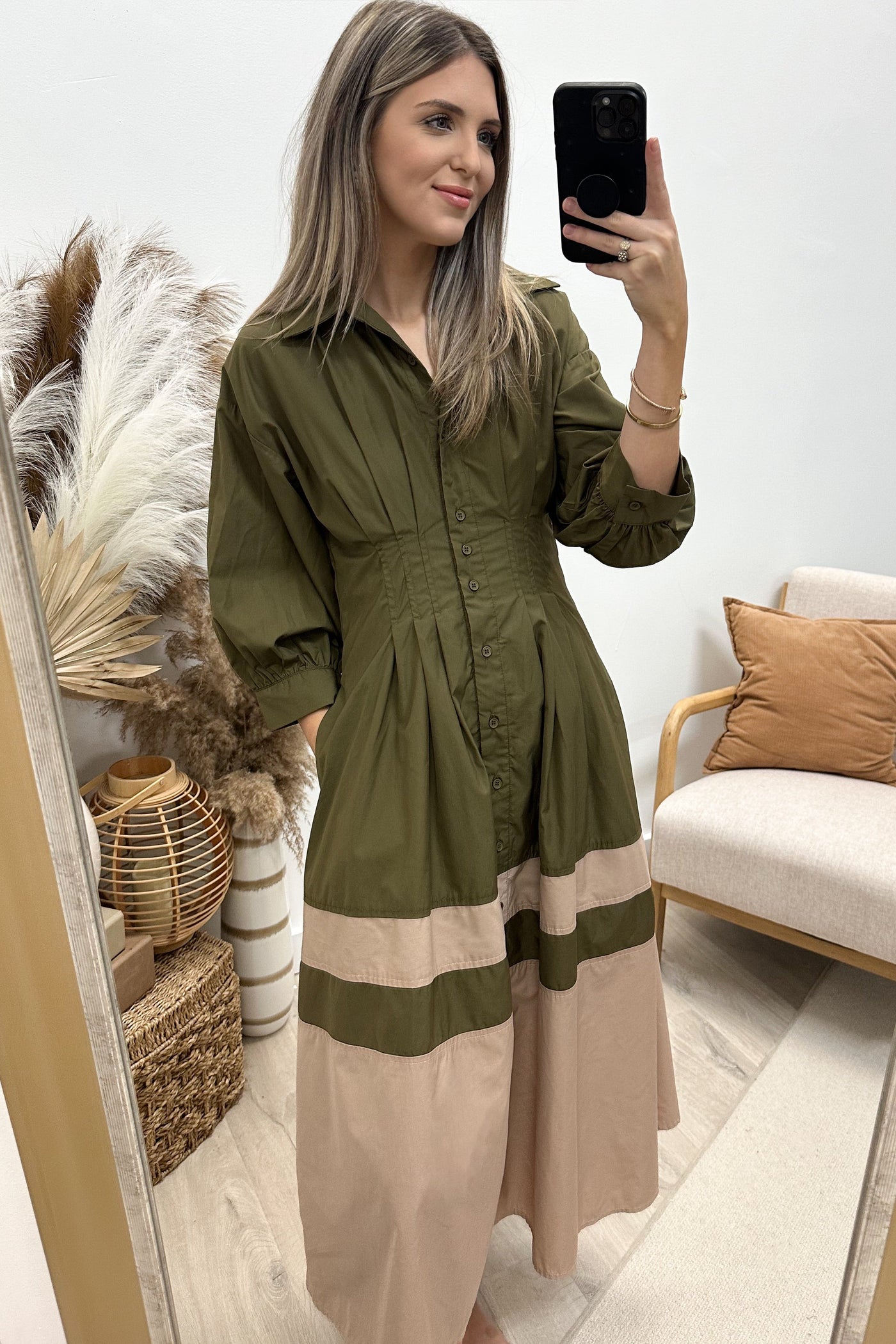 "Pep In Your Step" Dress (Olive) - Happily Ever Aften