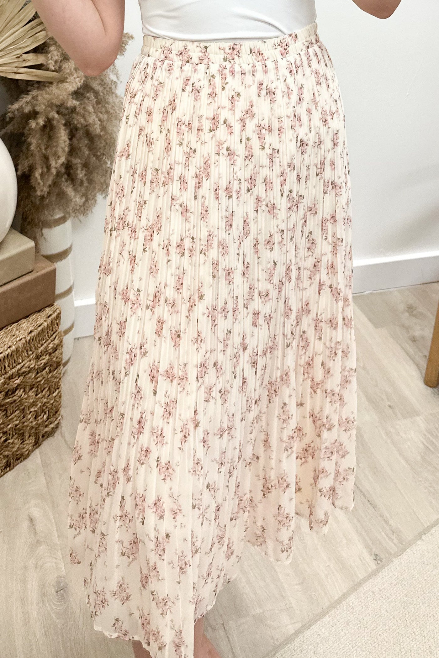 "Petal Whispers" Midi Skirt (Cream/ Pink) - Happily Ever Aften