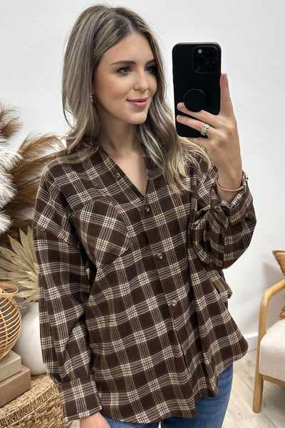 "Plaid The Way" Button Up (Brown/Cream) - Happily Ever Aften