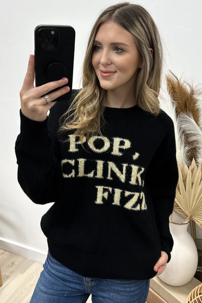 "Pop, Clink, Fizz" Sweater (Black) - Happily Ever Aften