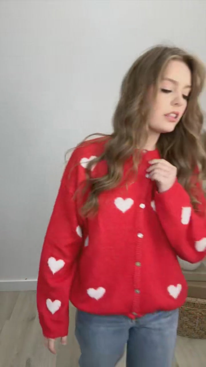 "Love Notes" Cardigan (Red/White Hearts)