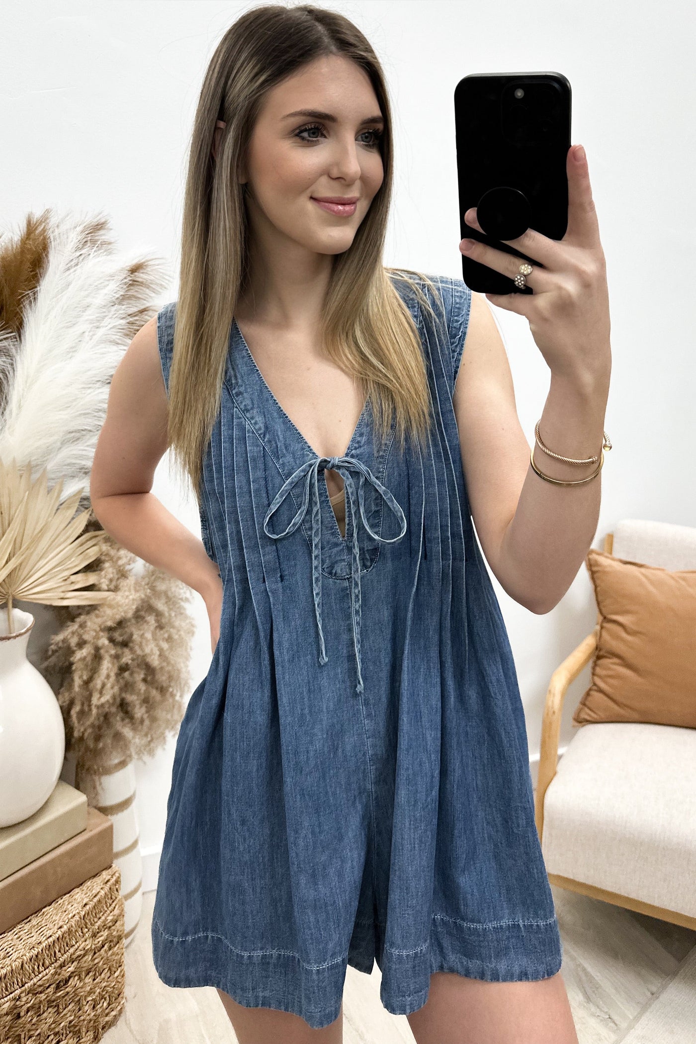 "Radiant Rhythm" Romper (Denim) - Happily Ever Aften