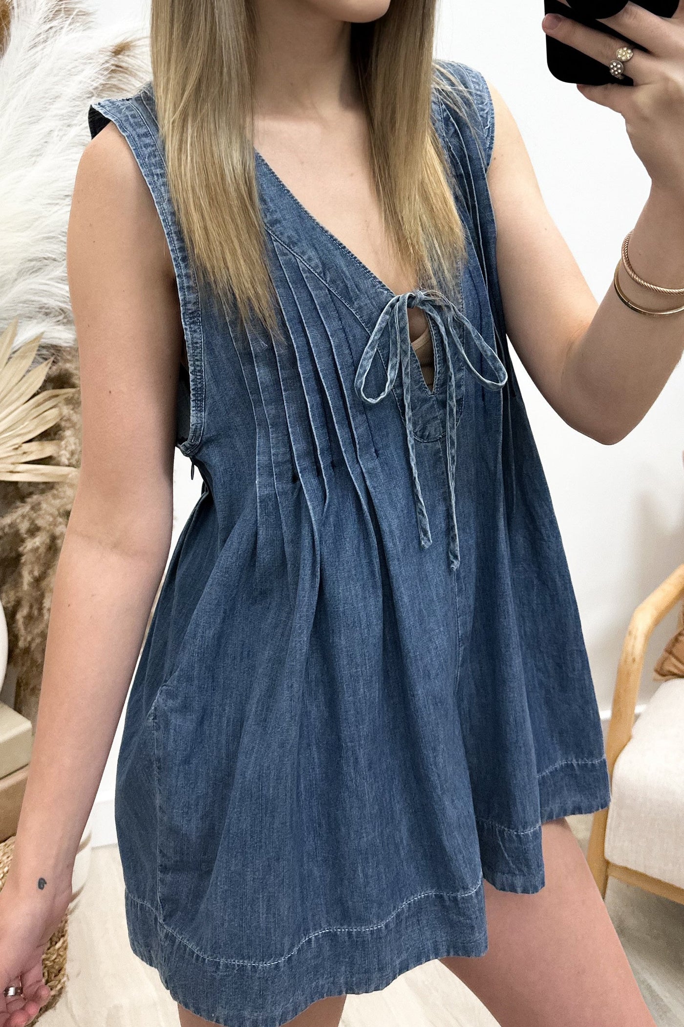 "Radiant Rhythm" Romper (Denim) - Happily Ever Aften