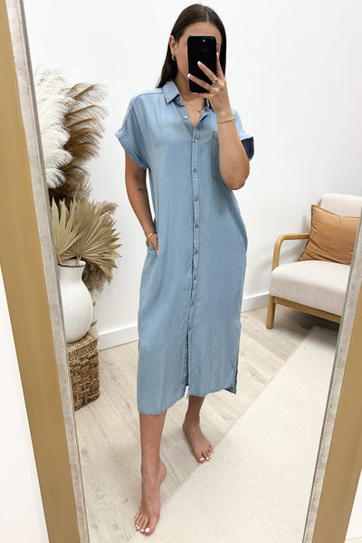 "Rhythm Of You" Dress (Light Denim) - Happily Ever Aften