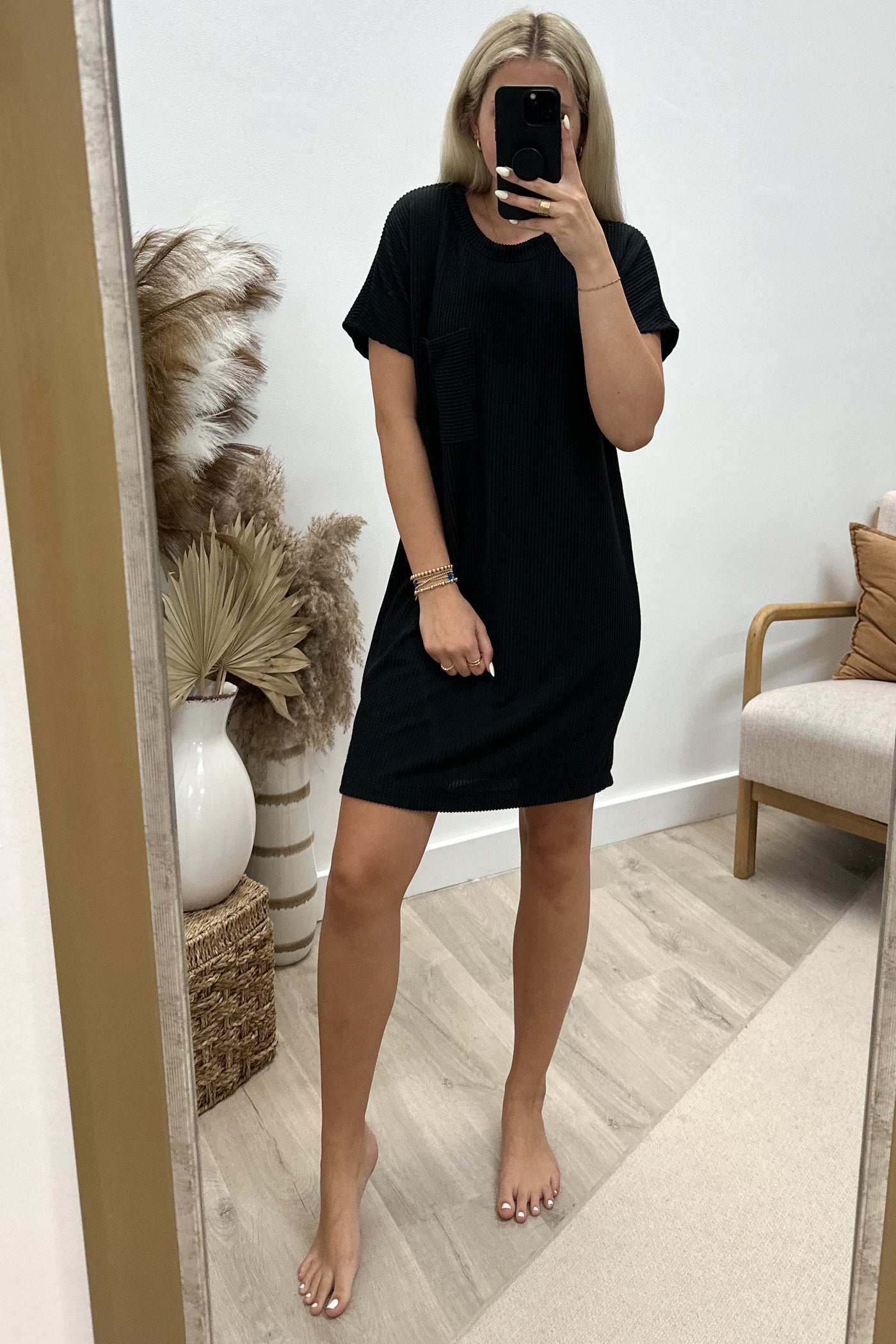 "Ribbed & Relaxed" Dress (Black) - Happily Ever Aften