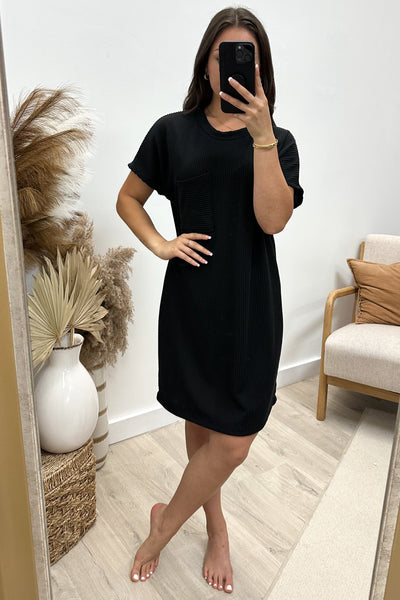 "Ribbed & Relaxed" Dress (Black) - Happily Ever Aften