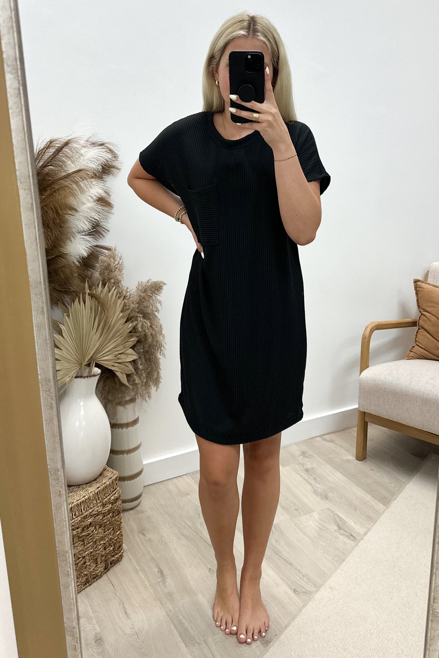 "Ribbed & Relaxed" Dress (Black) - Happily Ever Aften