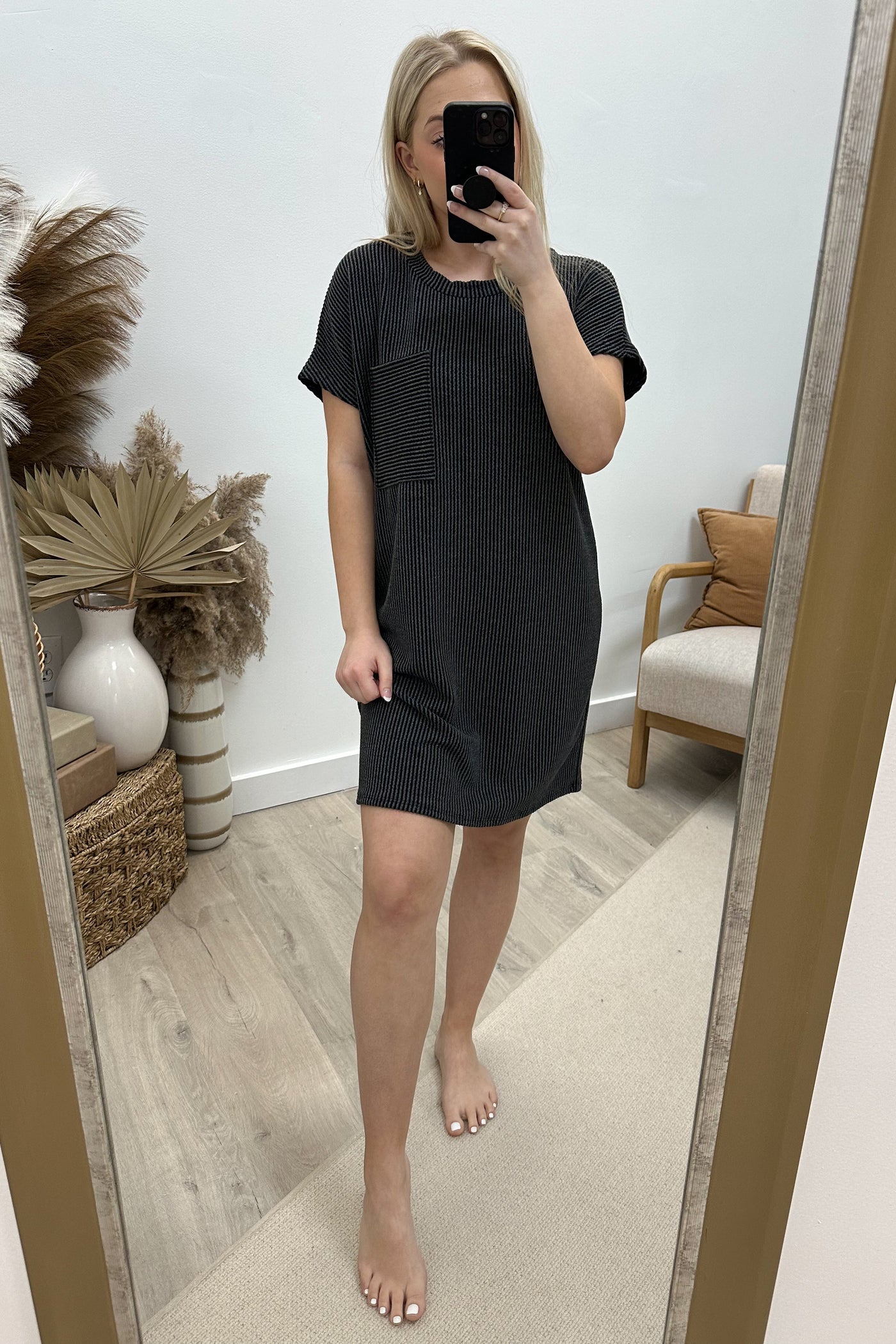 "Ribbed & Relaxed" Dress (Charcoal) - Happily Ever Aften