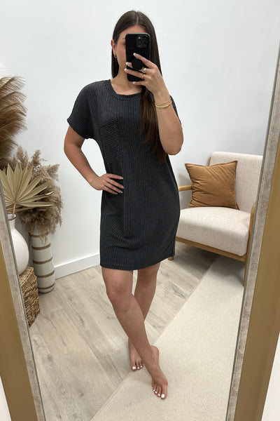 "Ribbed & Relaxed" Dress (Charcoal) - Happily Ever Aften