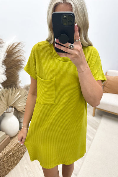 "Ribbed & Relaxed" Dress (Chartreuse) - Happily Ever Aften