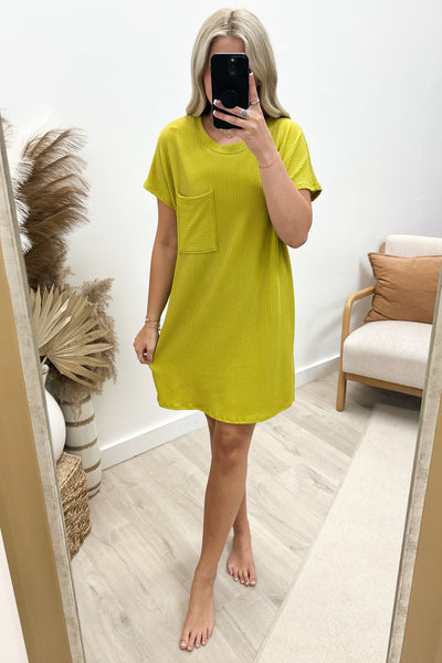 "Ribbed & Relaxed" Dress (Chartreuse) - Happily Ever Aften