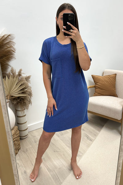 "Ribbed & Relaxed" Dress (Indigo) - Happily Ever Aften