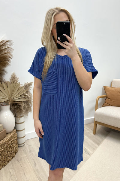 "Ribbed & Relaxed" Dress (Indigo) - Happily Ever Aften