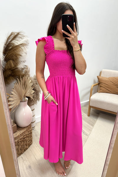 "Ruffle Some Feathers" Dress (Hot Pink) - Happily Ever Aften