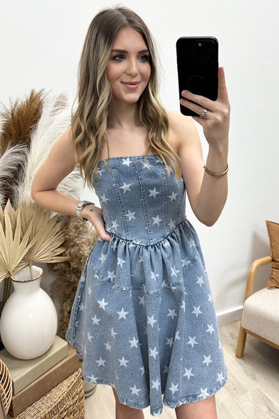 "Shoot For The Stars" Dress (Denim) - Happily Ever Aften