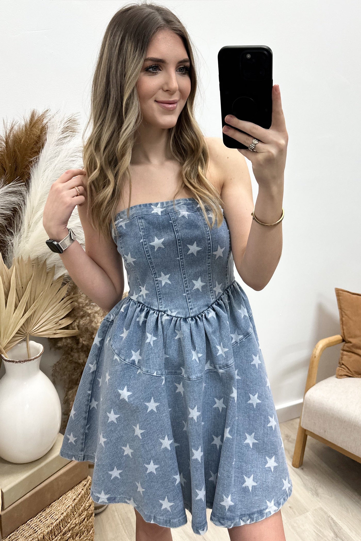 "Shoot For The Stars" Dress (Denim) - Happily Ever Aften