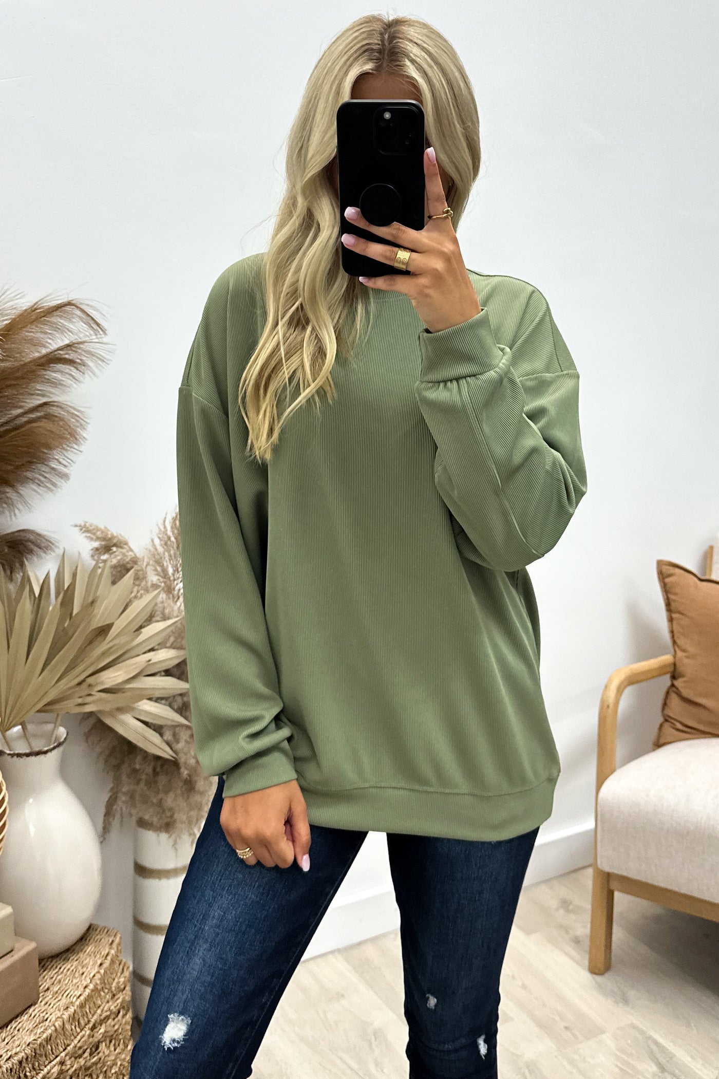 "Stay Optimistic" Sweatshirt (Olive) - Happily Ever Aften