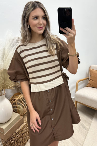 "Stripes For Days" Dress (Brown) - Happily Ever Aften