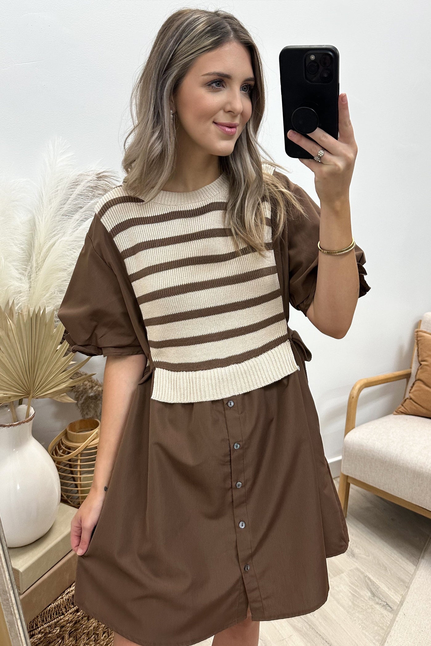 "Stripes For Days" Dress (Brown) - Happily Ever Aften