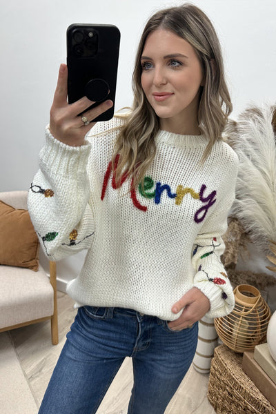 "You Make Me Merry" Sweater (White) - Happily Ever Aften