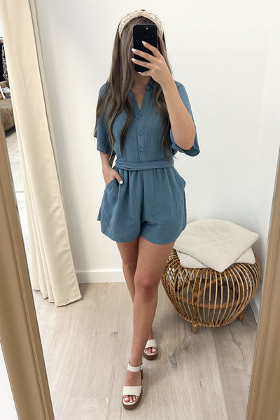 "You're My Inspo" Romper (Washed Teal) - Happily Ever Aften